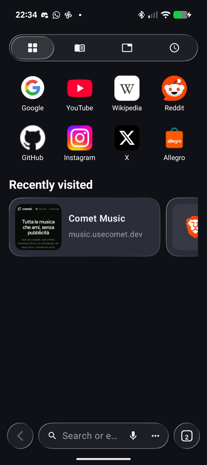 Comet Browser home screen